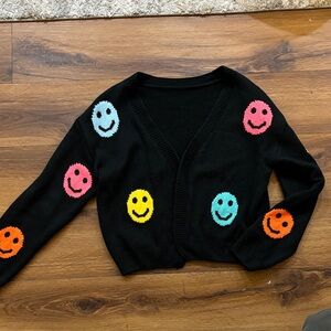 Black Cropped Sweater Cardigan with Multicolor Smiley Faces